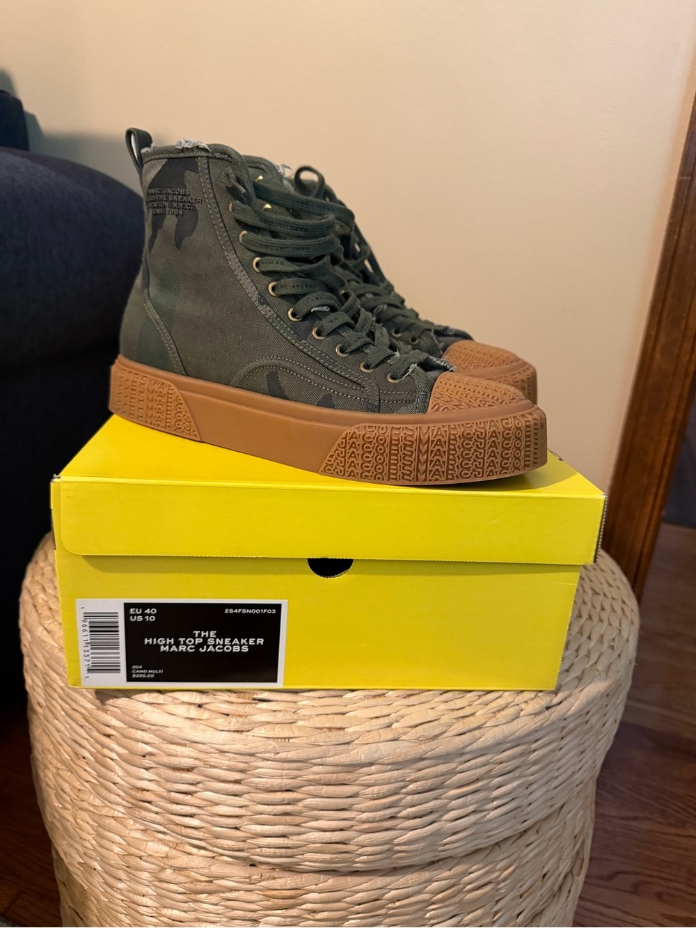 Marc Jacob Women’s High-Top Canvas Sneaker in Olive Camo and Brown - Picture 2 of 5